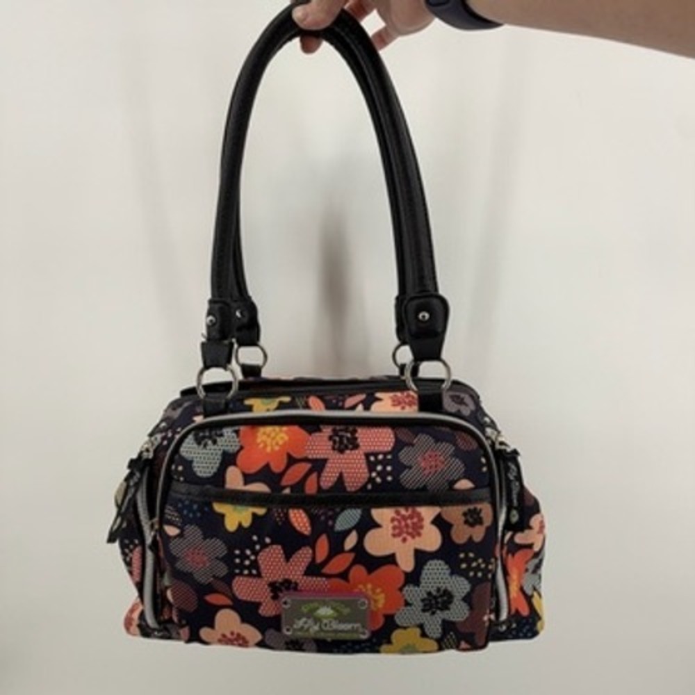 Lily Bloom Floral Print Satchel Handbag Multi Color Leather Trim Top Handle